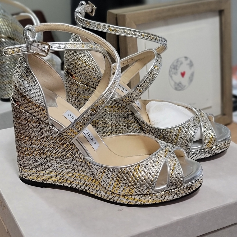 BRAND NEW with tags Jimmy Choo Alanah Silver & Gold Mix Metallic Wedge